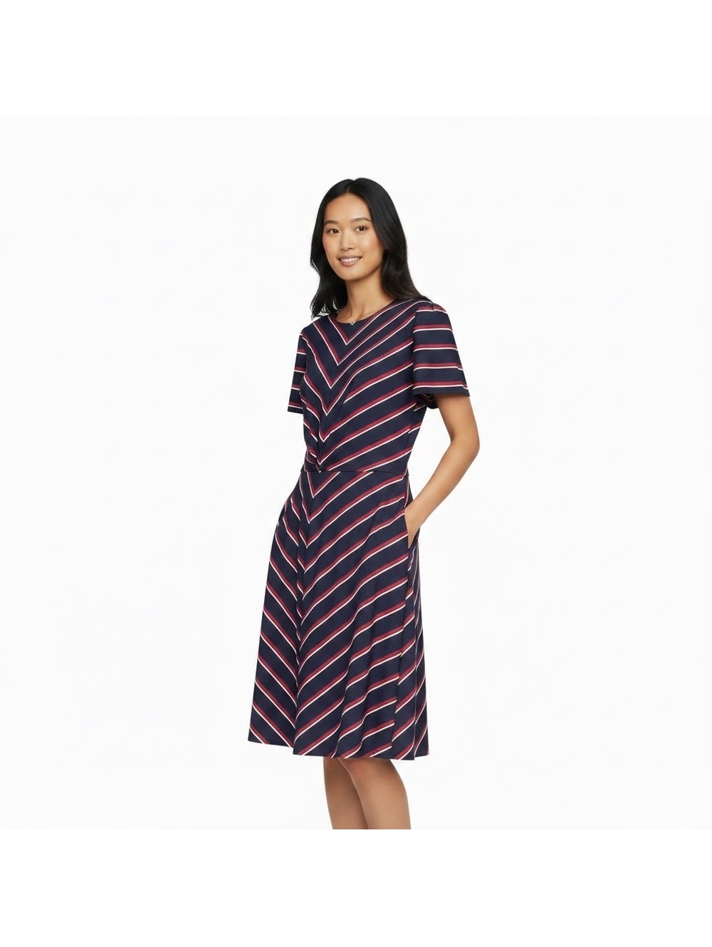 Banana Republic Striped Chevron Dress Navy Blue Red White Short Sleeve Size 10